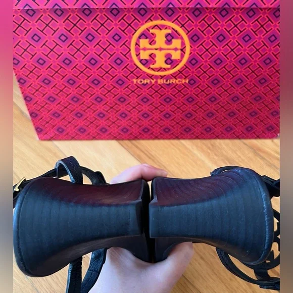 Tory Burch Navy Tumbled Leather Mini Miller 60MM Wedge Sandals - Picture 11 of 14